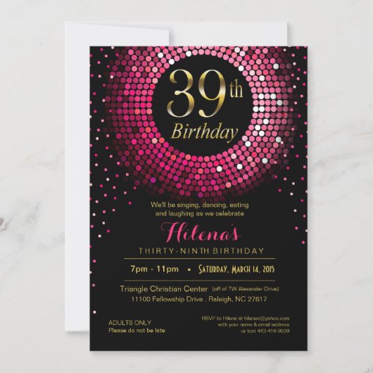 Glitz Bling Confetti 39. Geburtstag | Fuchsigold Einladung (Vorderseite)