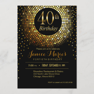 Glitz Bling Confetti 40. Geburtstag | Goldschwarz Einladung