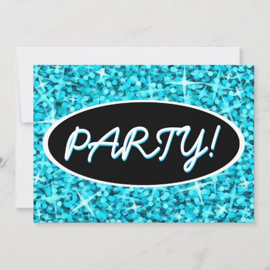 Glitz Blue 'Party', schwarz ovale Einladung (Vorderseite)