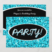 Glitz Blue 'Party', schwarz ovale Einladung (Vorne/Hinten)