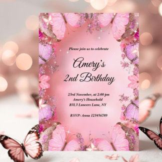 Glitz Elegant Rosa Lila Schmetterling Geburtstag Einladung