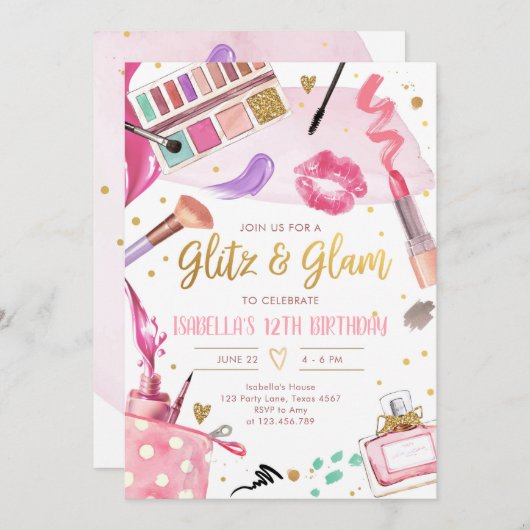 Glitz Glam Glamour Wellness-Center Party Girl Make Einladung (Vorne/Hinten)