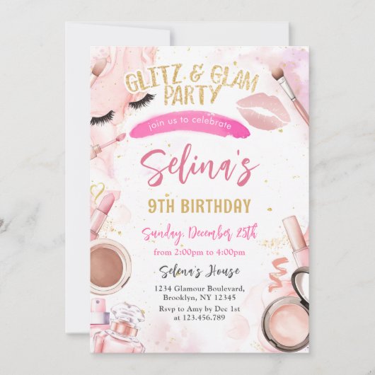Glitz Glam Glamour Wellness-Center Party Girl Make Einladung (Vorderseite)