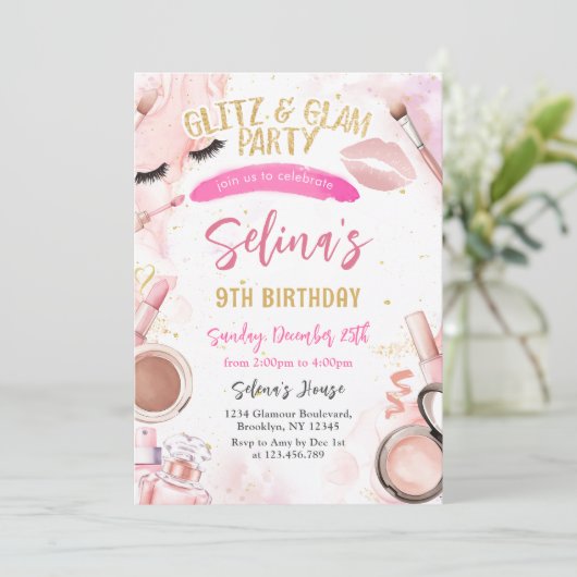 Glitz Glam Glamour Wellness-Center Party Girl Make Einladung (Stehend Vorderseite)