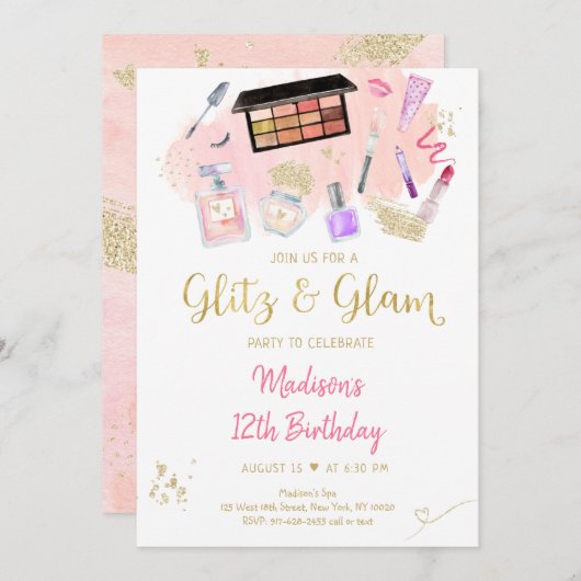 Glitz & Glam Pink Gold Wellness-Center Geburtstag Einladung (Vorne/Hinten)