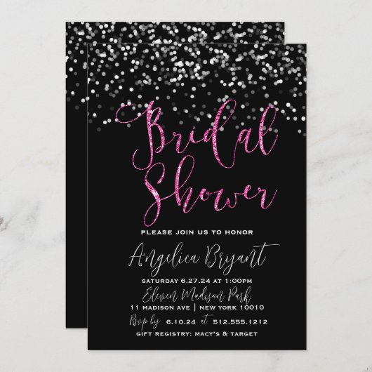 Glitz & Glam Pink und Black Bokeh Einladung (Vorne/Hinten)