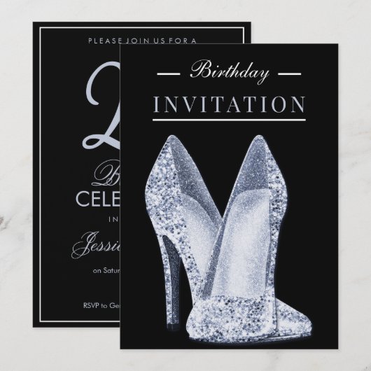 Glitz & Glamour Blau 25. Geburtstag Einladung (Vorne/Hinten)