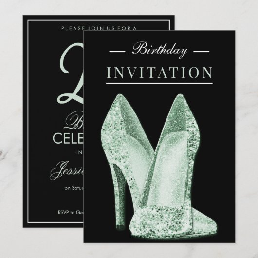 Glitz & Glamour Green 25. Geburtstag Einladung (Vorne/Hinten)