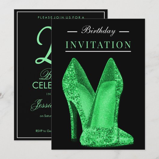 Glitz & Glamour Hellgrün 25. Geburtstag Einladung (Vorne/Hinten)