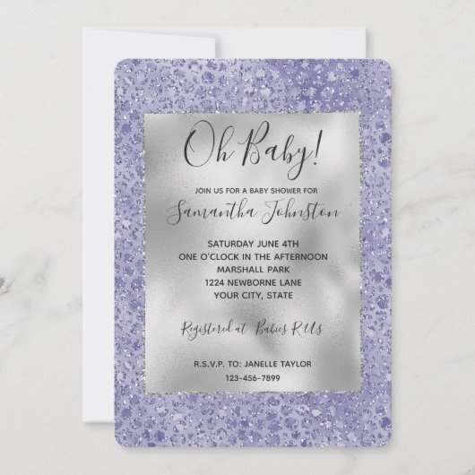 Glitz Leopard, Lila Glitzer Einladung (Vorderseite)