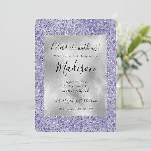 Glitz Leopard, Lila Glitzer Einladung (Stehend Vorderseite)