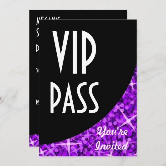 Glitz Lila schwarze Kurve Einladung "VIP Pass" (Vorne/Hinten)