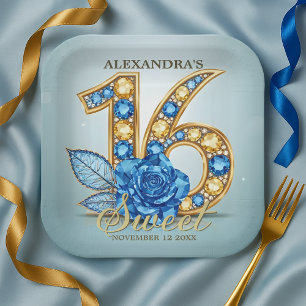 Glitz Luxus Blaue Roségoldene Edelsteine Sweet 16 Pappteller