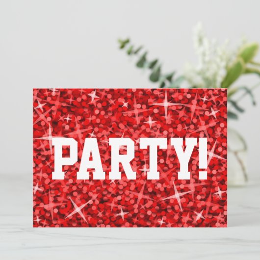 Glitz Red 'Party' Einladung Weißtext (Stehend Vorderseite)