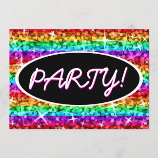 Glitz-Regenbogen-Streifen-Party! schwarze ovale Einladung