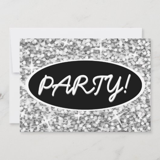 Glitz "Silver" "Party!" Schwarz-Oval-Einladung Einladung (Vorderseite)