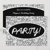 Glitz "Silver" "Party!" Schwarz-Oval-Einladung Einladung (Vorne/Hinten)