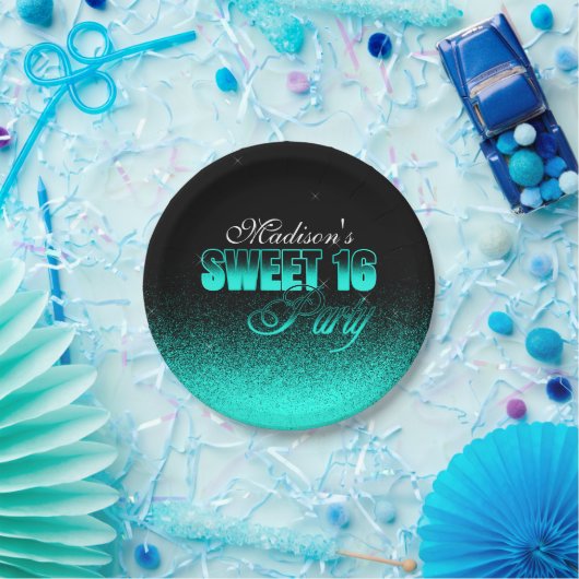 Glitz und Glamour Black and Aqua Sweet 16 Pappteller (Party)