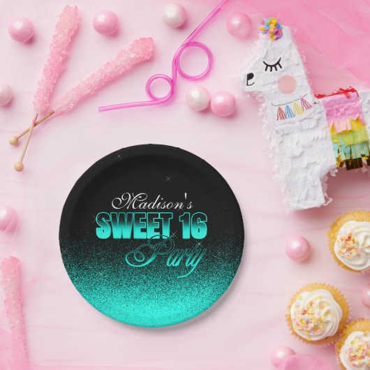 Glitz und Glamour Black and Aqua Sweet 16 Pappteller (Party)