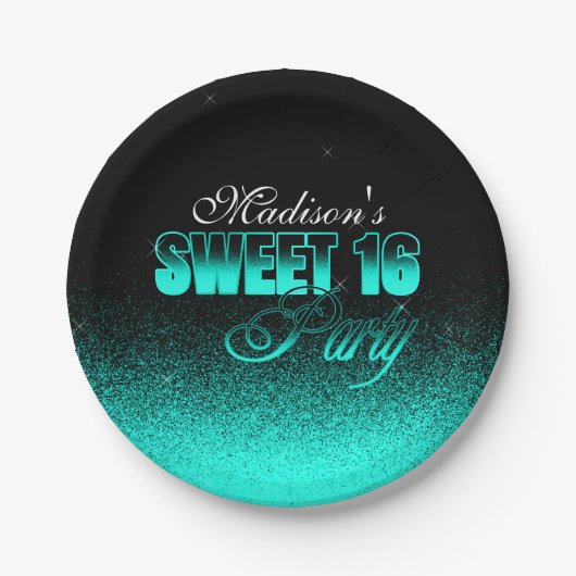 Glitz und Glamour Black and Aqua Sweet 16 Pappteller (Vorderseite)