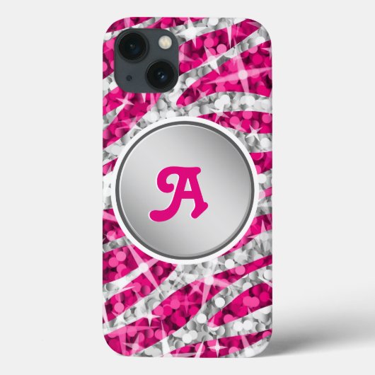 Glitz Zebra Pink Print Monogramm Silber Case-Mate iPhone Hülle (Rückseite)