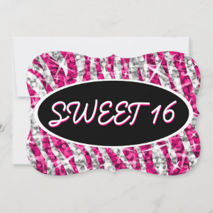 Glitz Zebra Rosa 'Sweet 16' schwarze ovale Halteru Einladung