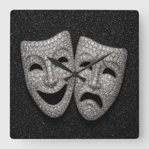 Glitzende Comedy- und Tragödien-Drama-Maske Quadratische Wanduhr