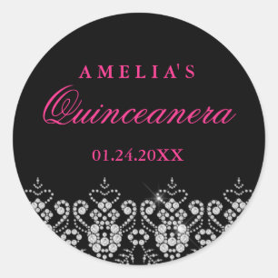 Glitzender Jewel Schwarz Heiß Rosa Quinceanera Auf Runder Aufkleber