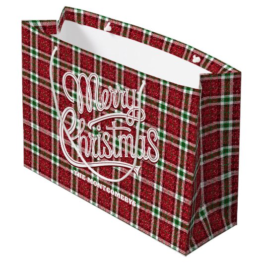 Glitzendes Weihnachts-Karomuster Große Geschenktüte (Rückseite Schrägansicht)