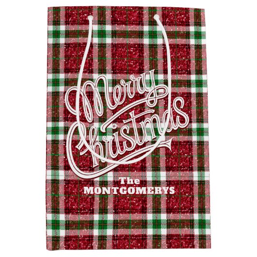 Glitzendes Weihnachts-Karomuster Mittlere Geschenktüte (Vorderseite)