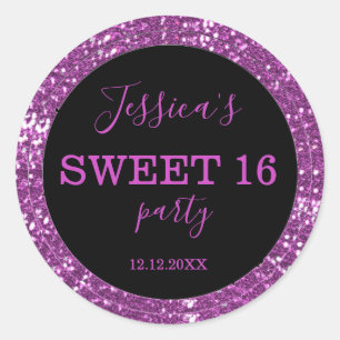Glitzer 16 . Geburtstag Schwarz und Rosa Runder Aufkleber