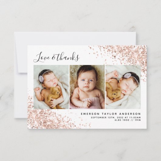 Glitzer 3 FotoCollage Neues Baby Dankeskarte (Vorderseite)