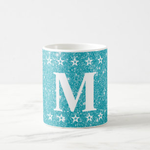 Glitzer 5 Sterne Aquamarin Blue Custom Monogram Be Kaffeetasse
