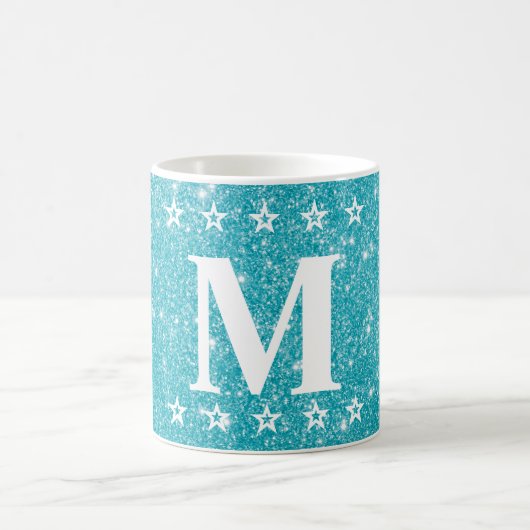 Glitzer 5 Sterne Aquamarin Blue Custom Monogram Be Kaffeetasse (Mittel)
