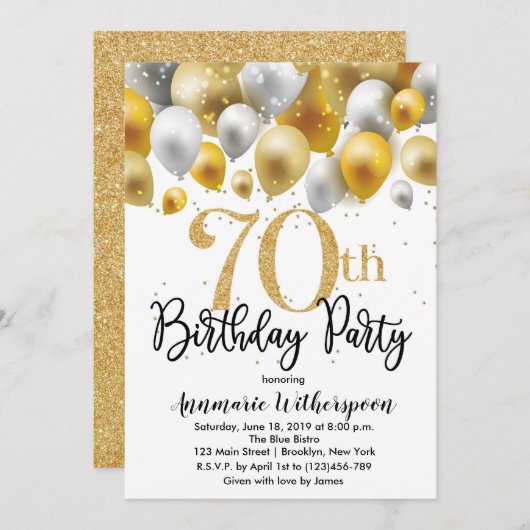 Glitzer 70. Geburtstag Einladung Gold Ballons (Vorne/Hinten)