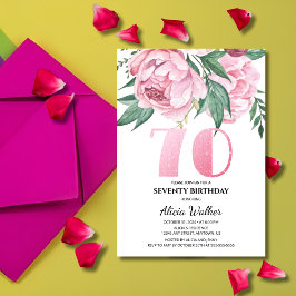 Glitzer 70. Pink Peony Floral Greenery Geburtstag Einladung