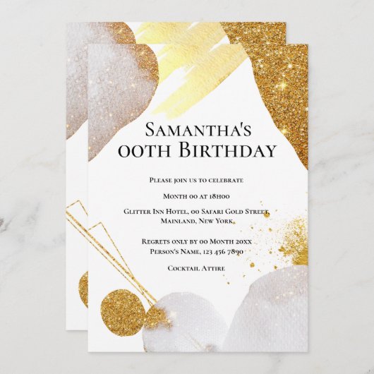 Glitzer abstrakte goldfarbene Formen Aquarellglasu Einladung (Vorne/Hinten)