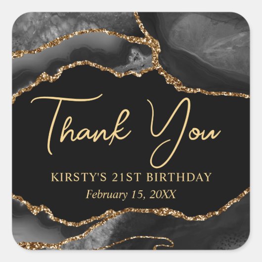 Glitzer Agate Birthday Party für Black and Gold Im Quadratischer Aufkleber (Vorderseite)
