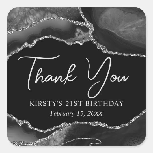 Glitzer Agate Birthday Party für Schwarze und Silb Quadratischer Aufkleber (Vorderseite)