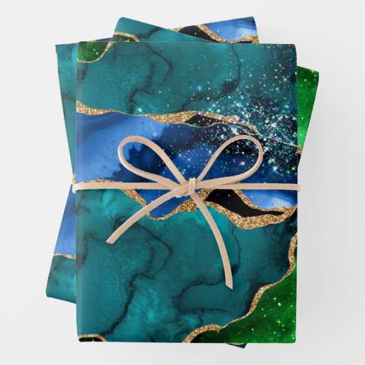 Glitzer Agate, Imitat für blaue und grüne Pfauenbä Geschenkpapier Set (Beispiel)