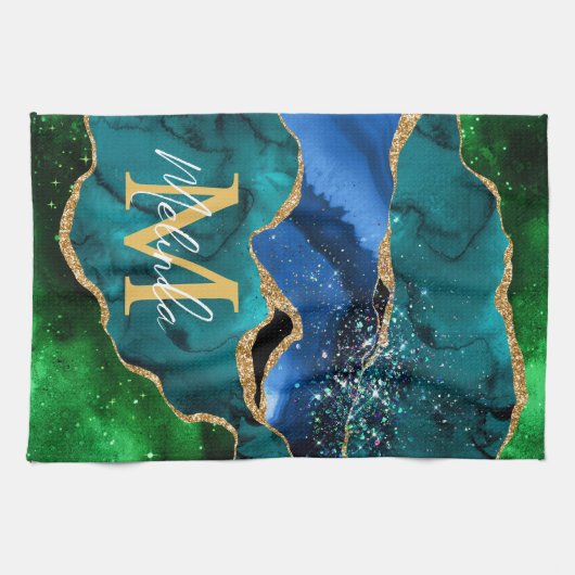 Glitzer Agate, Imitat für blaue und grüne Pfauenbä Geschirrtuch (Horizontal)