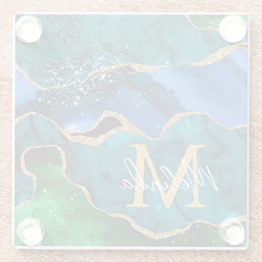 Glitzer Agate, Imitat für blaue und grüne Pfauenbä Glasuntersetzer (Rückseite)