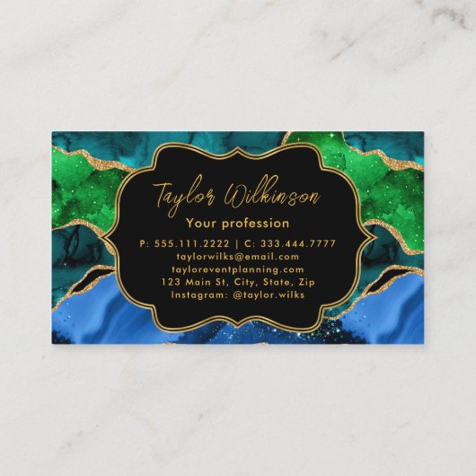 Glitzer Agate, Imitat für blaue und grüne Pfauenbä Visitenkarte (Rückseite)