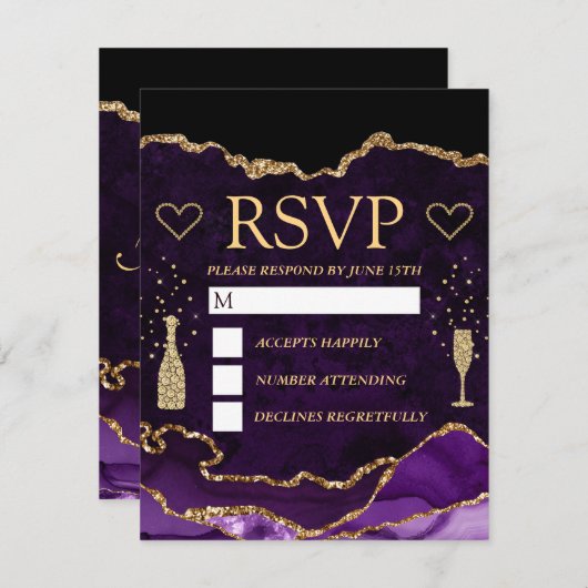 Glitzer Agate Marble Wedding mit lila und Gold Imi RSVP Karte (Vorne/Hinten)