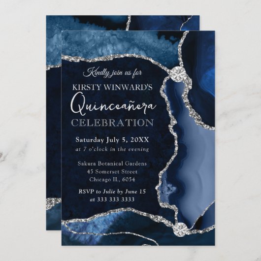 Glitzer Agate Quinceanera für blaue und silberne I Einladung (Vorne/Hinten)