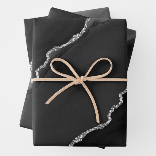 Glitzer Agate: Schwarze und Silberne Imitate Geschenkpapier Set (Beispiel)
