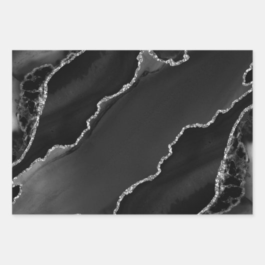 Glitzer Agate: Schwarze und Silberne Imitate Geschenkpapier Set (Vorderseite)