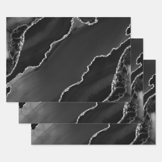 Glitzer Agate: Schwarze und Silberne Imitate Geschenkpapier Set (Set)