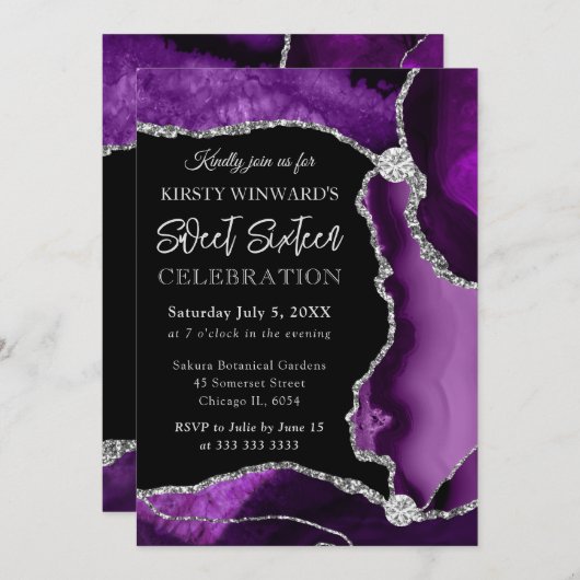 Glitzer Agate Sweet lila und Silver Imitats 16 Einladung (Vorne/Hinten)
