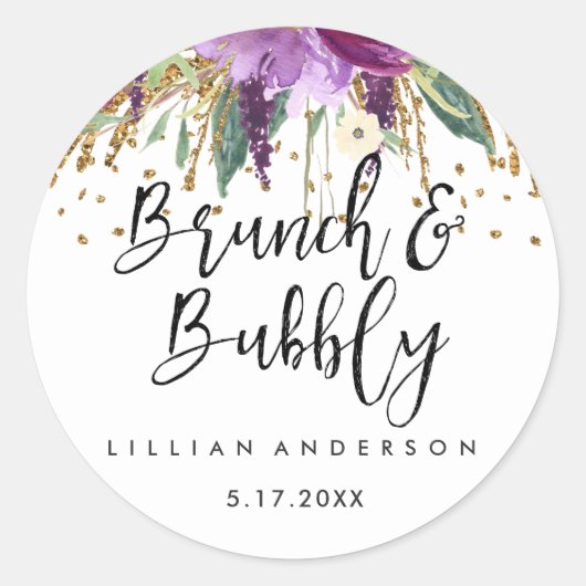 Glitzer Amethyst Brunch und Bubbly Brautparty Runder Aufkleber (Vorderseite)